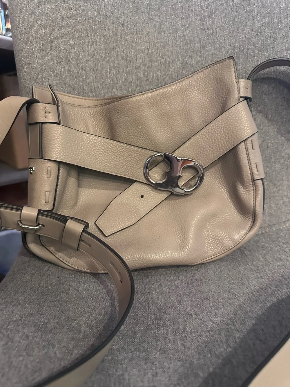 Tory Burch Gemini Link Taupe Leather Shoulder Bag Purse with Silver Hardware